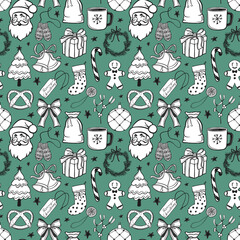 Seamless Christmas pattern with Santa, gifts, candy canes,, bows, bells, wreaths, and gingerbread cookies. Festive design perfect for wrapping paper, coloring pages, textiles, packaging, stationery.