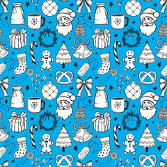 Seamless Christmas pattern with Santa, gifts, candy canes,, bows, bells, wreaths, and gingerbread cookies. Festive design perfect for wrapping paper, coloring pages, textiles, packaging, stationery.