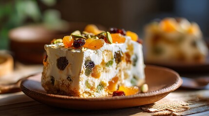 Slice of cassata on rustic clay plate, natural daylight, Mediterranean aesthetic, copy space