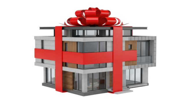 Modern Contemporary Building Wrapped Like A Gift With Red Ribbon And Bow isolated on Transparent Background