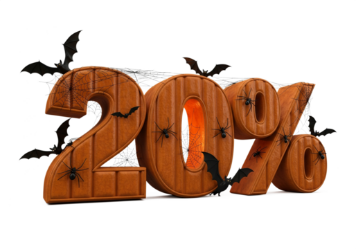 20 percent discount text with bats and spiders isolated on transparent background