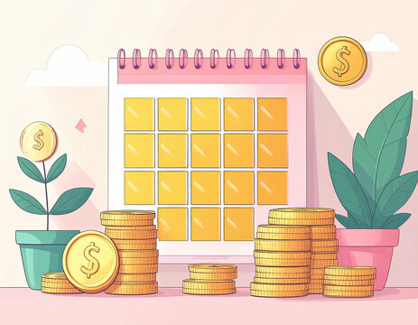 Gold saving for future goals infographic calendar with stacked coin and plant growth