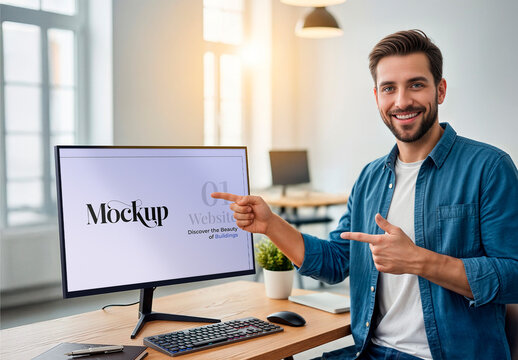 Computer Screen Mockup Smiling Man Pointing at Desktop 