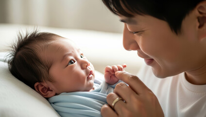 아빠가 갓난아기를 부드럽게 안고 바라보는 따뜻한 이미지