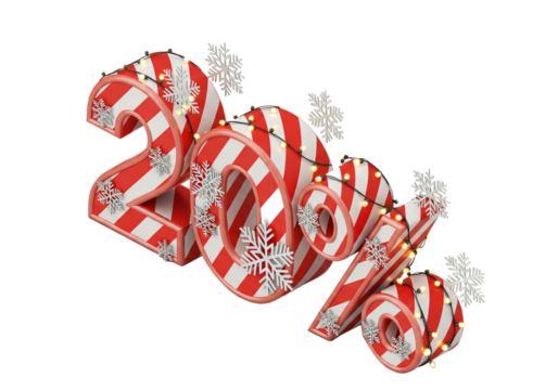 2020 numbers in red and white candy cane stripe with snowflake decoration isolated on transparent background
