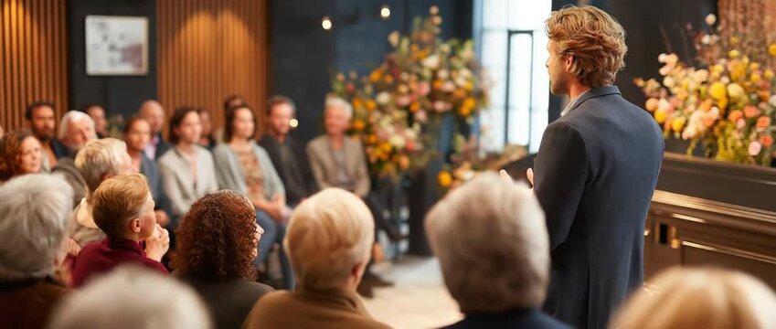 Speaking to a row of men and women at a funeral service next to a closed coffin in a contemporary room, a white guy stands