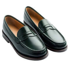 Elegant Green Leather Penny Loafers for Stylish Outings, on the transparent background. Transparent PNG