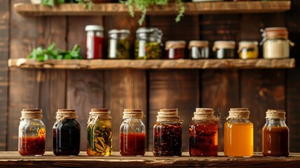Collection of assorted herbal oils and spices in glass jars with twine on rustic wood background in a cozy kitchen setting.