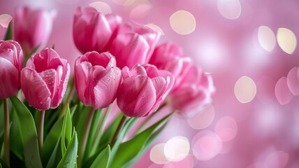 Mother's Day concept banner. Fresh pink tulips with dewdrops against a dreamy pink bokeh background, symbolizing spring and romance.
