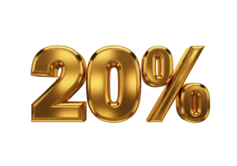 Golden 3d render of 20 percent isolated on transparent background