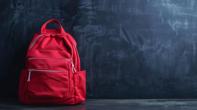 Back to school. A vibrant red backpack stands out against a textured dark chalkboard background, ideal for school or travel themes. - Powered by Adobe