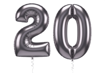 Silver balloons forming the number 20 isolated on transparent background