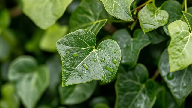 A close-up of a heart-shaped ivy leaf covered with glistening raindrops