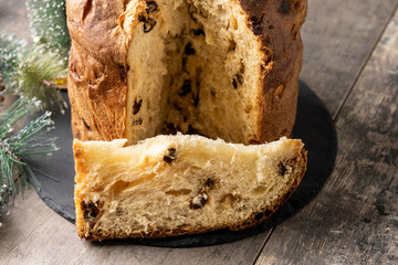 Traditional Italian Panettone on wooden table