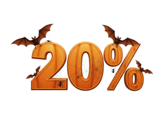Halloween 20 percent with bats and spider on pumpkin isolated on transparent background