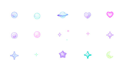 Cute 8bit Retro Game Style Hearts Glitter Planets Stars and Moon Illustration Set with Transparent Background