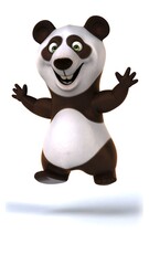 Animated panda bear jumps with joy, arms outstretched, happy expression
