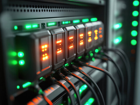 A data server panel shows multiple units with orange and green status lights illuminated. Cables connect to various devices, indicating active data transmission in a tech environment. - Powered by Adobe