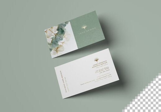 Modern Business Cards On Green Background Mockup