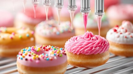 A conveyor belt carries freshly made donuts as a machine sprinkles pink glaze on top, creating a colorful display of tempting treats in a busy bakery early in the morning