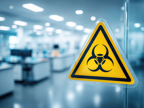 A bright yellow caution sign is prominently displayed in a well-lit laboratory, alerting individuals to the presence of biohazard materials. Safety protocols are essential in this environment.