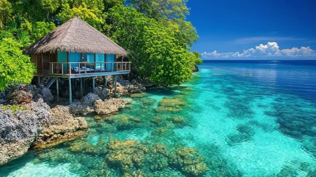 Secluded Tropical Beach Hut Overlooking Clear Blue Ocean with Lush Green Trees and Bright Sky