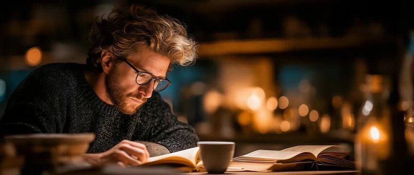 An environment of coziness and study is created by a concentrated young guy wearing spectacles reading a book at night at a kitchen table while surrounded by open books, a cup of coffee, and warm ambi