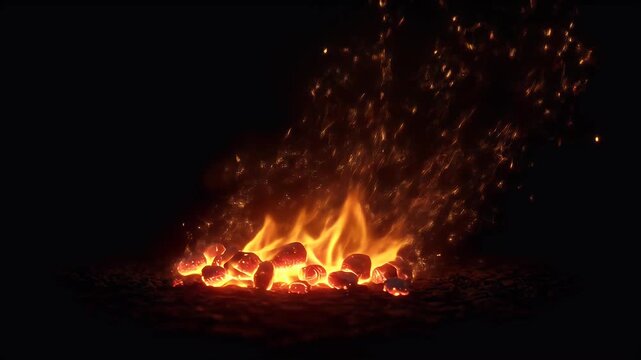 Realistic glowing embers burning in darkness with sparks rising up