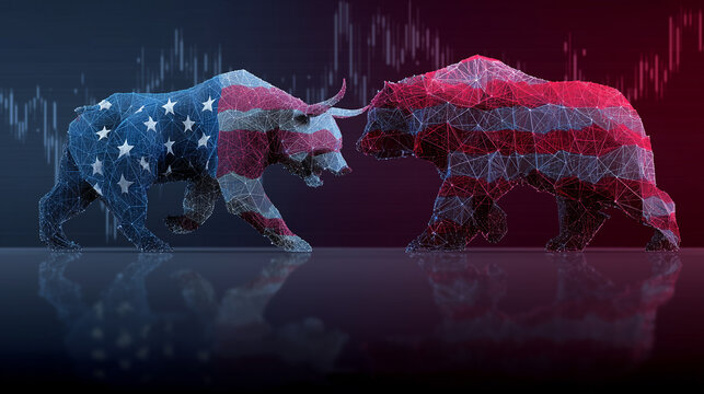 American Stock Market Bull vs Bear low poly network connecting investment analysis - Powered by Adobe
