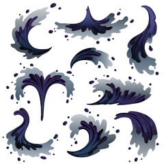 Dark Water Splash Vector Set Black Ink Wave and Pollution Concept clip art