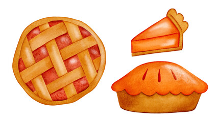 Watercolor set of pies – pumpkin pie and cherry pie. Hand-painted cozy bakery illustration in autumn style