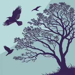 Vector art of crows flying near a tree