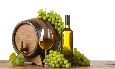 wine barrel bottle and glass with green grapes on transparent background