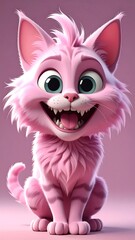 Animated pink cartoon cat with a huge, expressive grin, big eyes, and striped fur, sitting upright