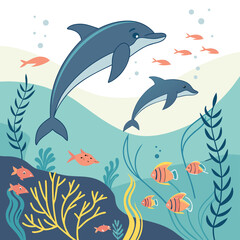 Vector art of dolphin with fish in ocean