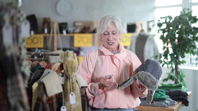 Mature woman choosing a warm fur hat in a clothing store. Elderly woman buys warm clothes for the winter. High quality 4k footage