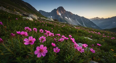 Alpine meadow in bloom with pink flowers, leading to a rocky mountain range under dawn light