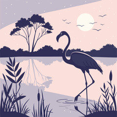 Vector art of flamingo in a lake at night