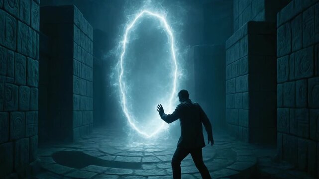 person standing at threshold of glowing, magical portal, otherworldly atmosphere. mysterious figure approaches glowing, electric portal, adventurous journey ahead. entrance to other world.