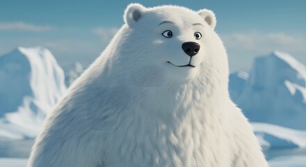 Animated polar bear with a pleasant expression, set against a backdrop of icebergs and sky