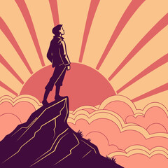 Vector art of man standing on top of mountain