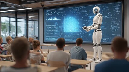 Humanoid robot giving lecture to students in modern classroom with digital data on large screen. Concept of artificial intelligence and future education - Powered by Adobe
