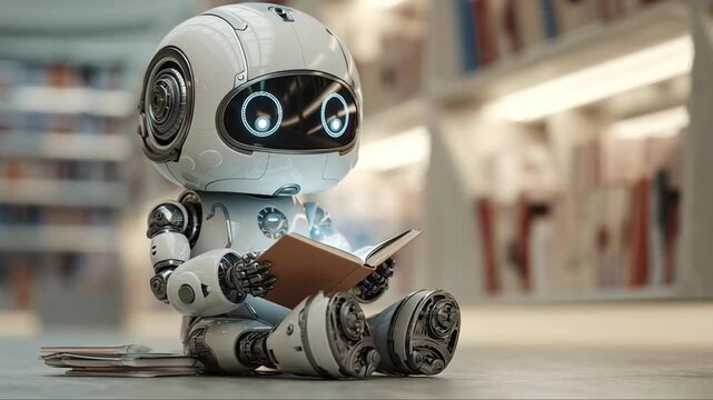 Small child robot sits on the floor and reading glowing book in futuristic library. Concept of artificial intelligence, machine learning and knowledge