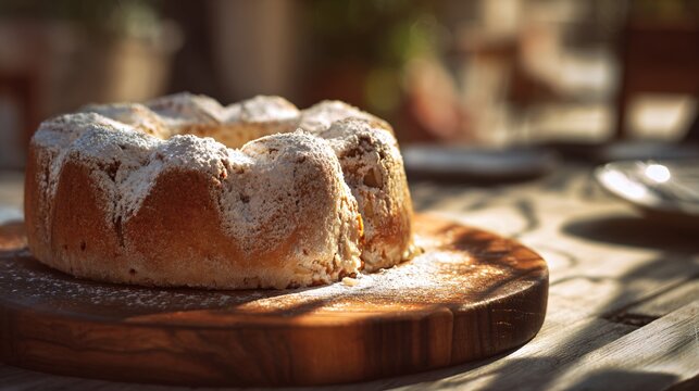Whole cassata cake dusted with sugar, rustic wooden board, warm Mediterranean sunlight, copy space