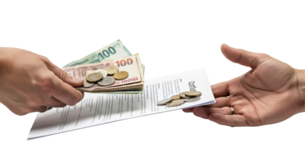 Two Hands Exchanging Money Bills And Coins Over A Document isolated on Transparent Background