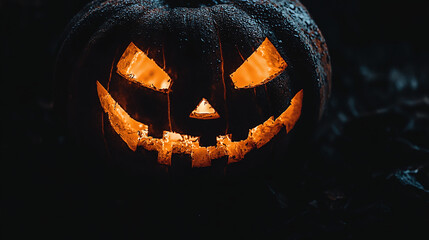 Halloween pumpkin on fire on dark moment