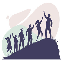 Vector art of team climbing to the top of hill