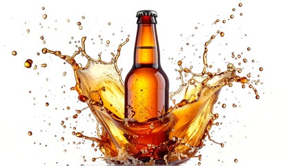 Amber glass bottle centered amid splash of brown liquid on white backdrop