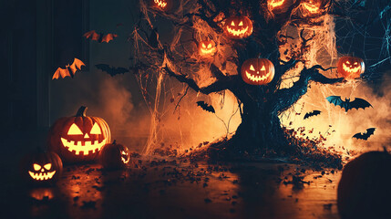 Halloween pumpkin and fire in tree, decoration Halloween party