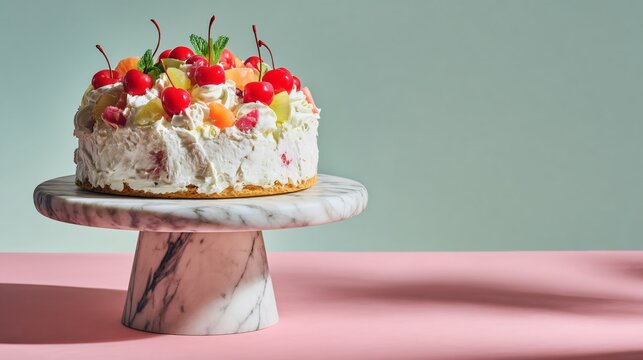 Whole cassata cake on marble slab, soft pastel mint background, elegant studio styling, copy space